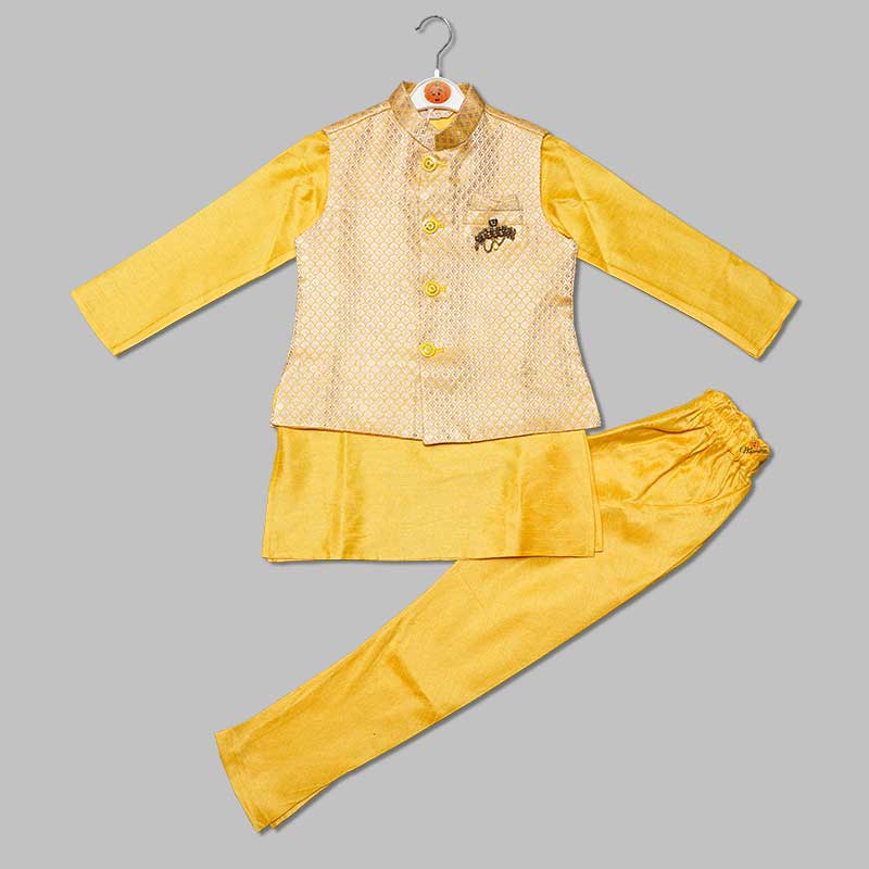 Gold Foil Work Kurta Pajama for Kids with Nehru Jacket Front View