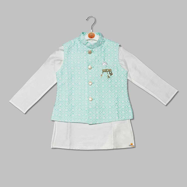  Turquoise & Yellow Boys Kurta Pajama with Nehru Jacket Top VIew