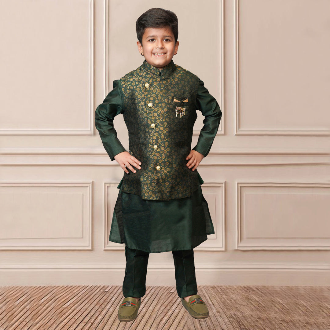 Kurta Pajama for Boys with Gold Design Nehru Jacket Green