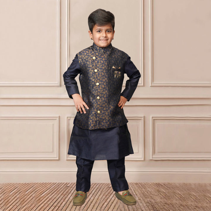 Kurta Pajama for Boys with Gold Design Nehru Jacket Front View