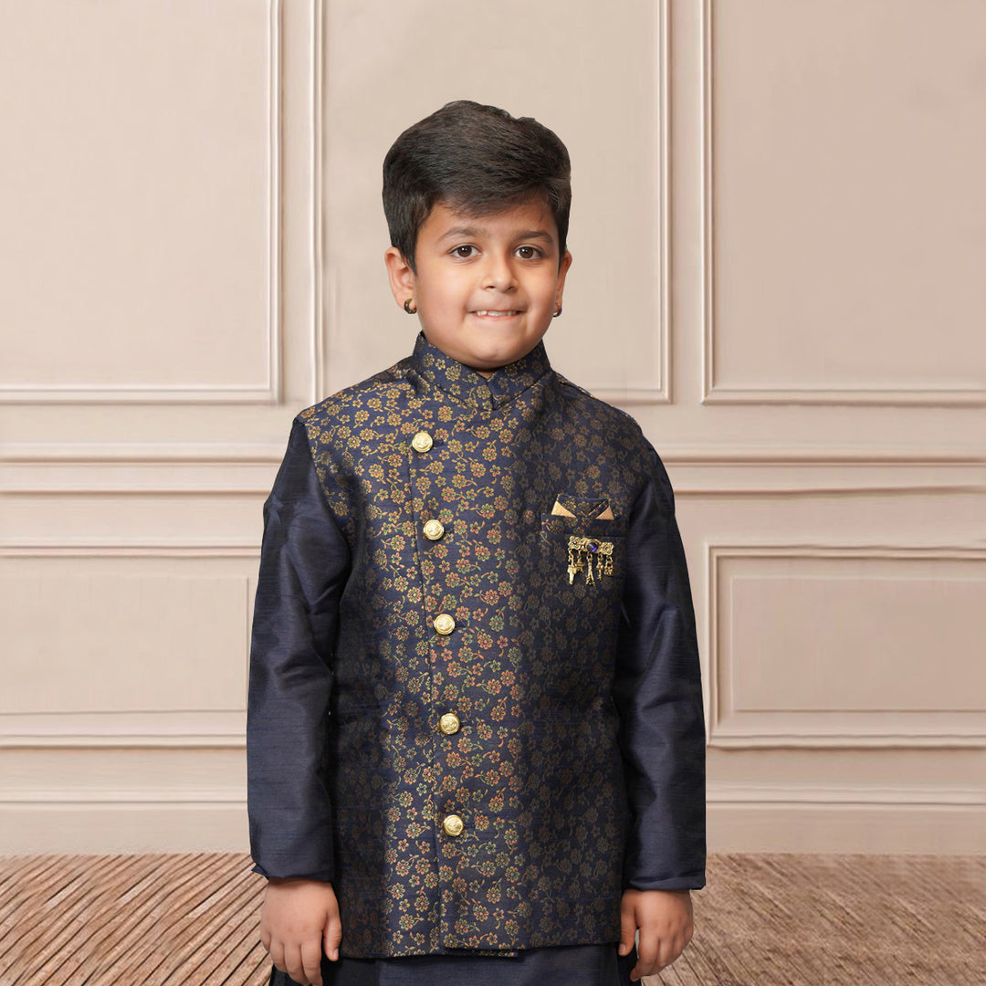 Kurta Pajama for Boys with Gold Design Nehru JacketClose Up View