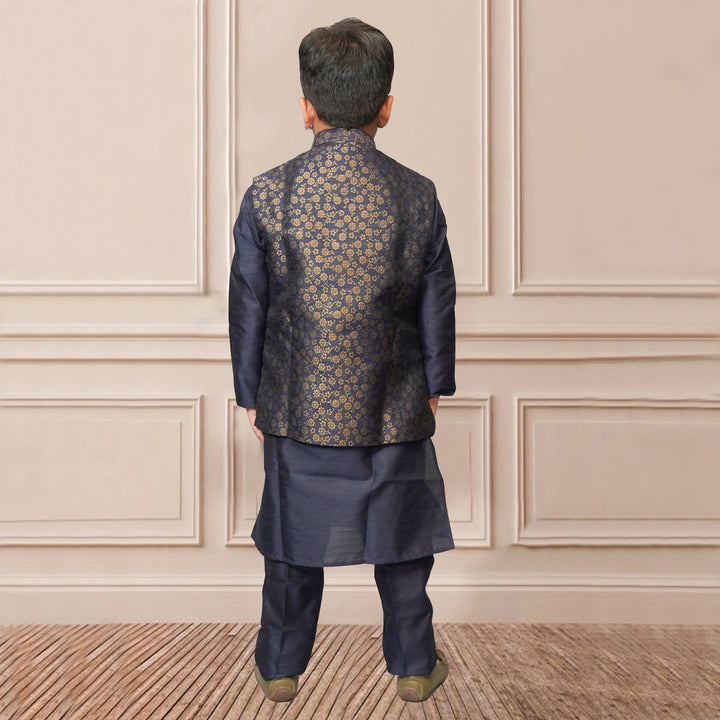 Kurta Pajama for Boys with Gold Design Nehru Jacket Back View