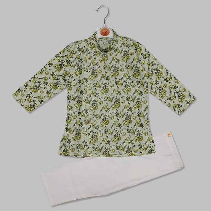 Ethnic Kurta Pajama for Boys in Flower Print Pista Green