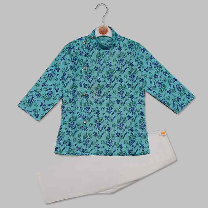 Ethnic Kurta Pajama for Boys in Flower Print Sea Green