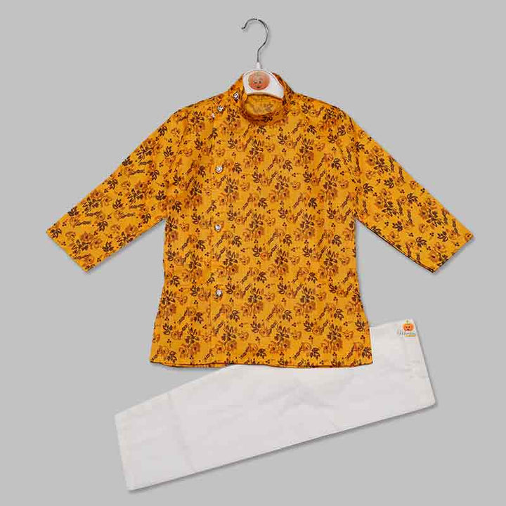 Ethnic Kurta Pajama for Boys in Flower Print Yellow