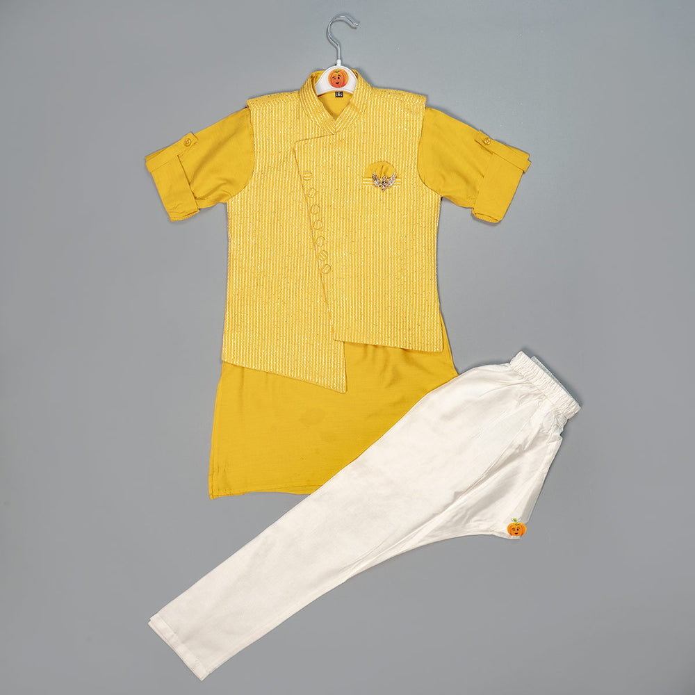 Solid Boys Kurta Pajama with Designer Jacket Front View