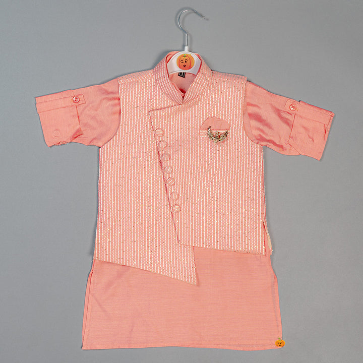 Solid Pink Boys Kurta Pajama with Designer Jacket Top View
