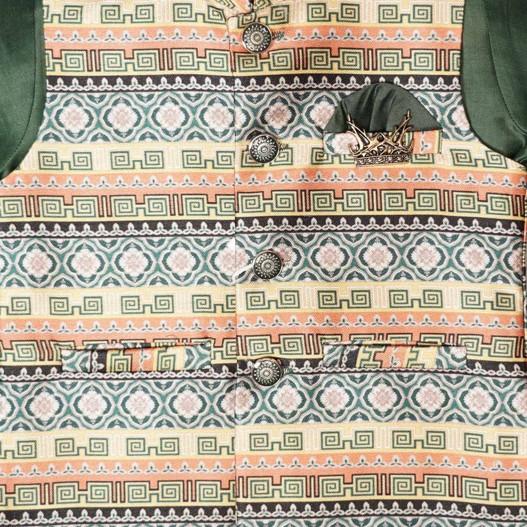 Dark Green Boys Kurta Pajama with Nehru Jacket Close Up View