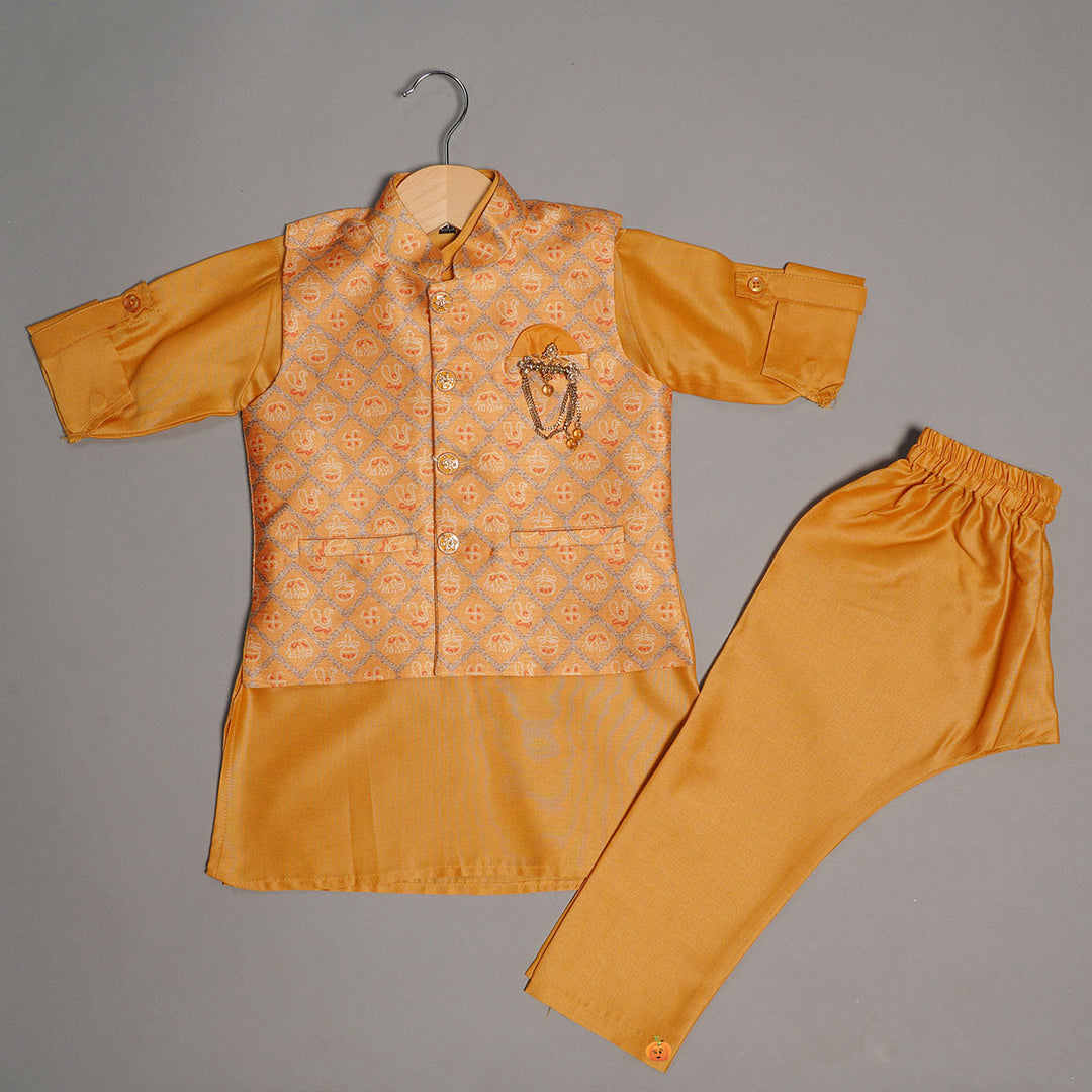 Mustard Yellow Kurta Pajama for Boys with Nehru Jacket Front View