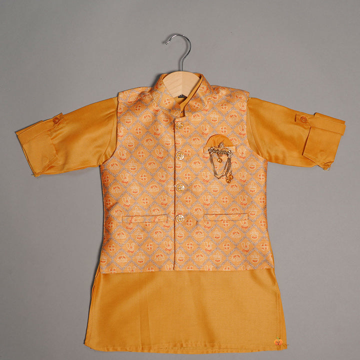 Mustard Yellow Kurta Pajama for Boys with Nehru Jacket Top View