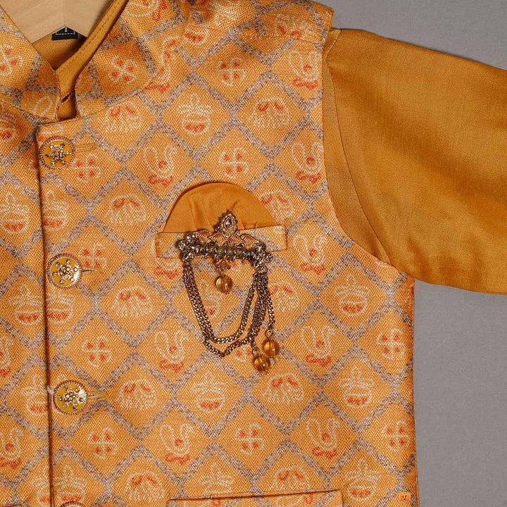 Mustard Yellow Kurta Pajama for Boys with Nehru Jacket Close Up View