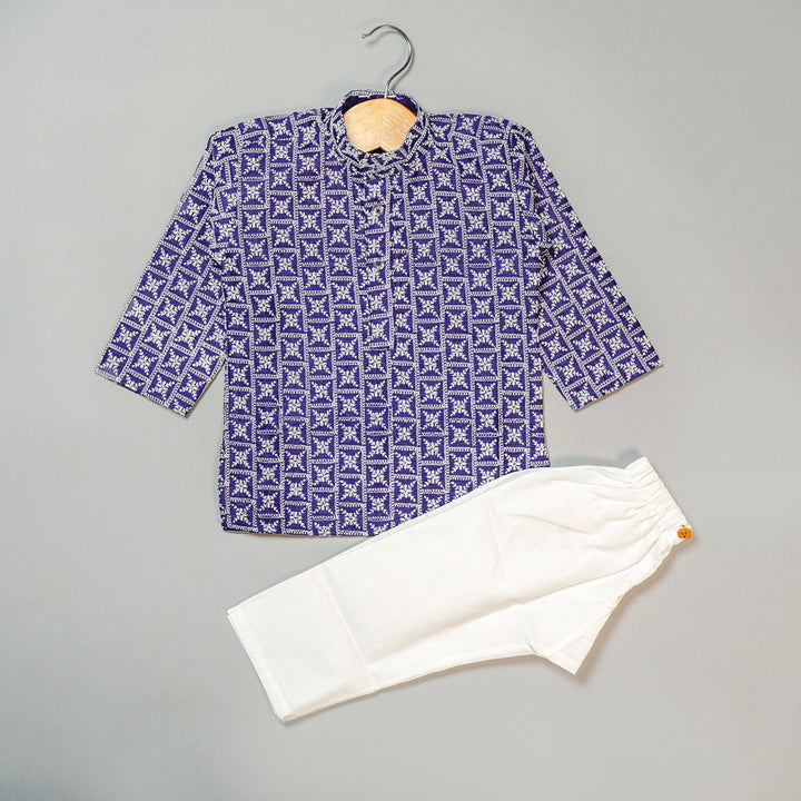 Blue Printed Boys Kurta Pajama Front View
