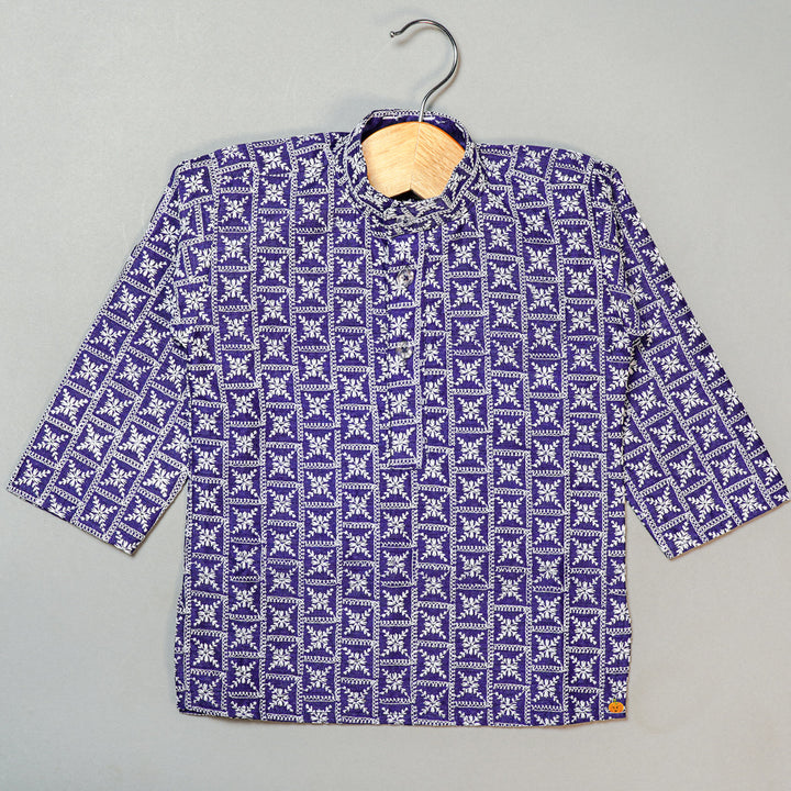 Blue Printed Boys Kurta Pajama Top View