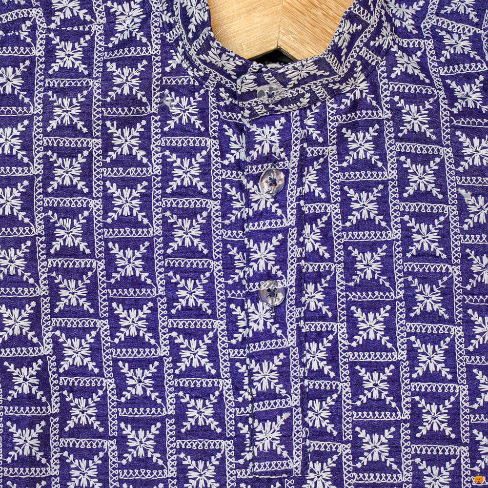 Blue Printed Boys Kurta Pajama Close Up View