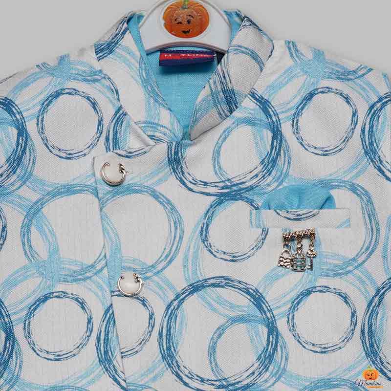 Sky Blue Boys Kurta Pajama with Jacket Close Up View