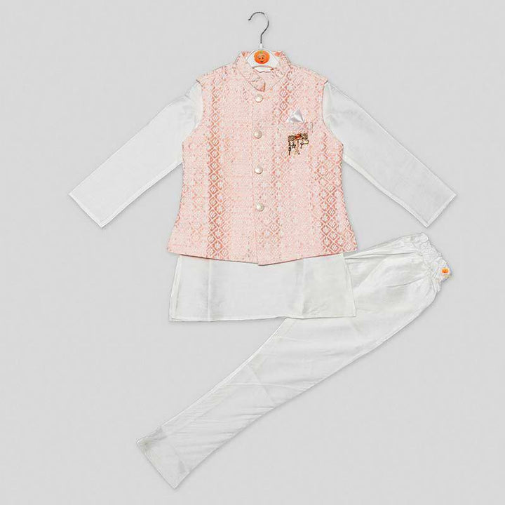 White Boys Kurta Pajama in Pink Jacket Variant Front View 