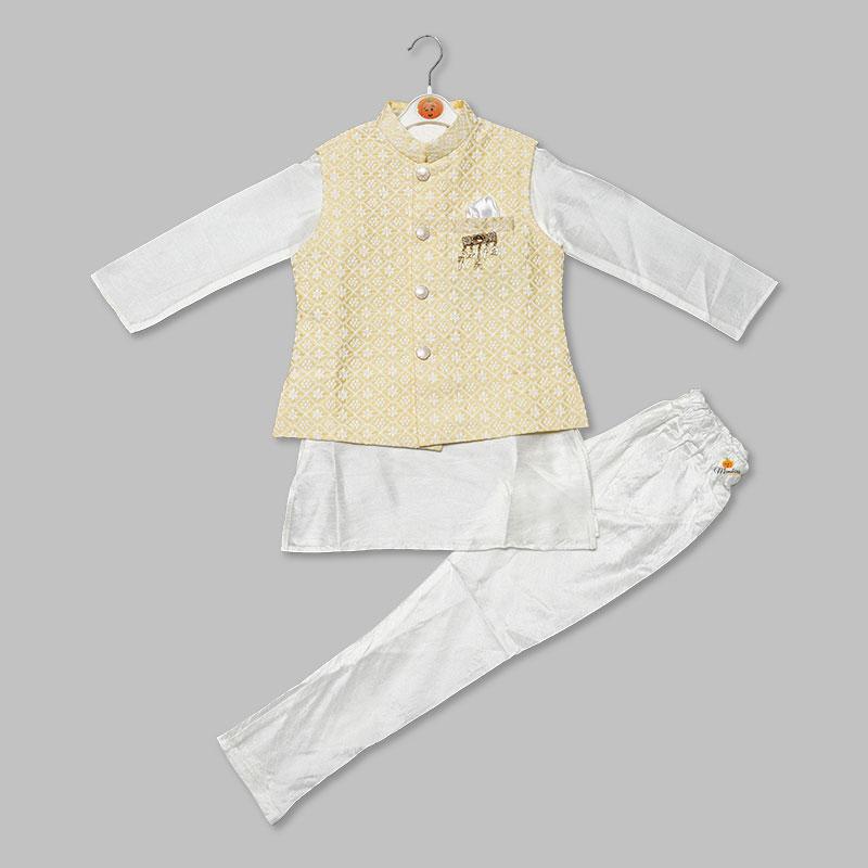 White Boys Kurta Pajama in Yellow Jacket Variant Front View 