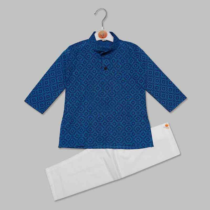 Blue Solid Boys Printed Kurta Pajama Variant Front View 