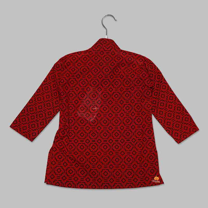 Red Solid Boys Printed Kurta Pajama Back View