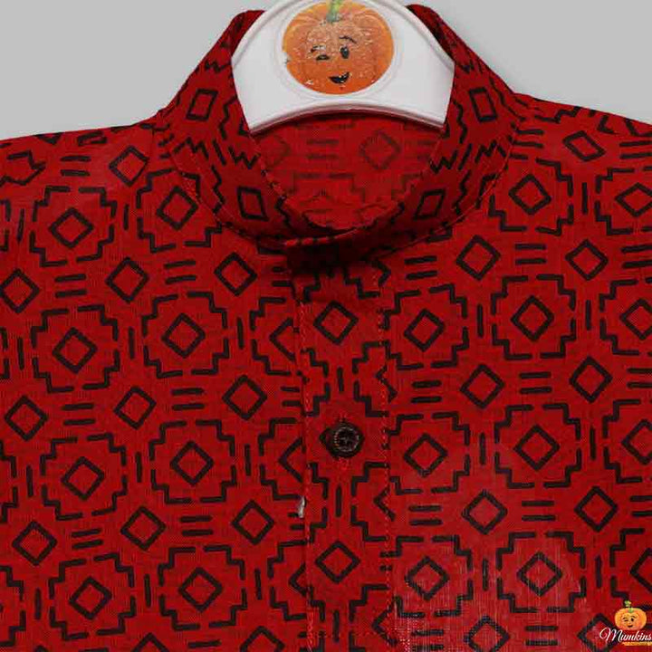 Solid Red Boys Printed Kurta Pajama Close Up View
