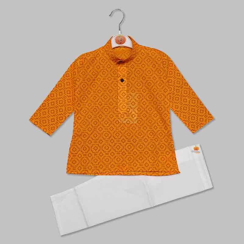 Orange Solid Boys Printed Kurta Pajama Variant Front View 