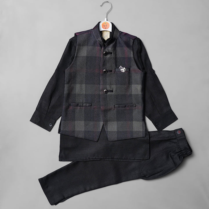 Solid Black Boys Kurta Pajama with Jacket Front View