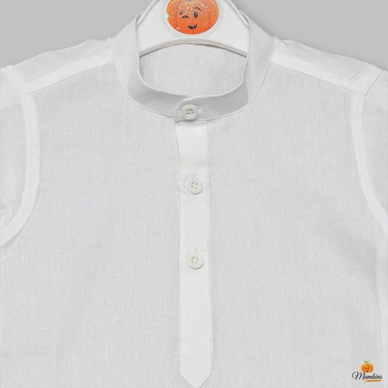 Ethnic White Kids Kurta Pajama Close Up View