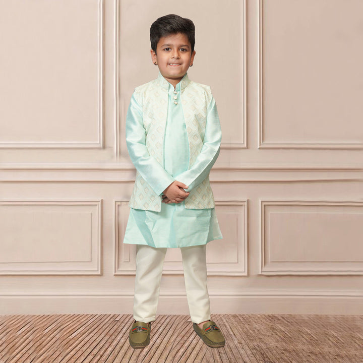 Boys Kurta Pajama in Green with Nehru Jacket Front View