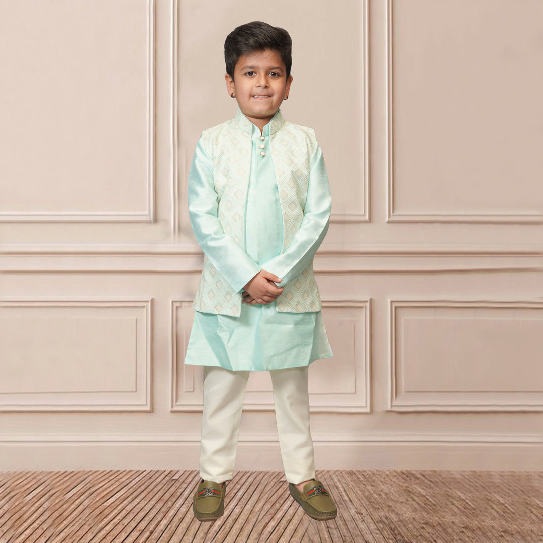 Boys Kurta Pajama in Green with Nehru Jacket - Main Image