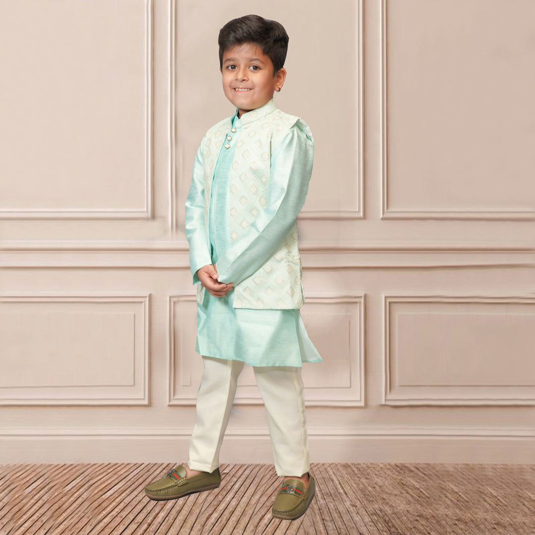 Boys Kurta Pajama in Green with Nehru Jacket Close Up View
