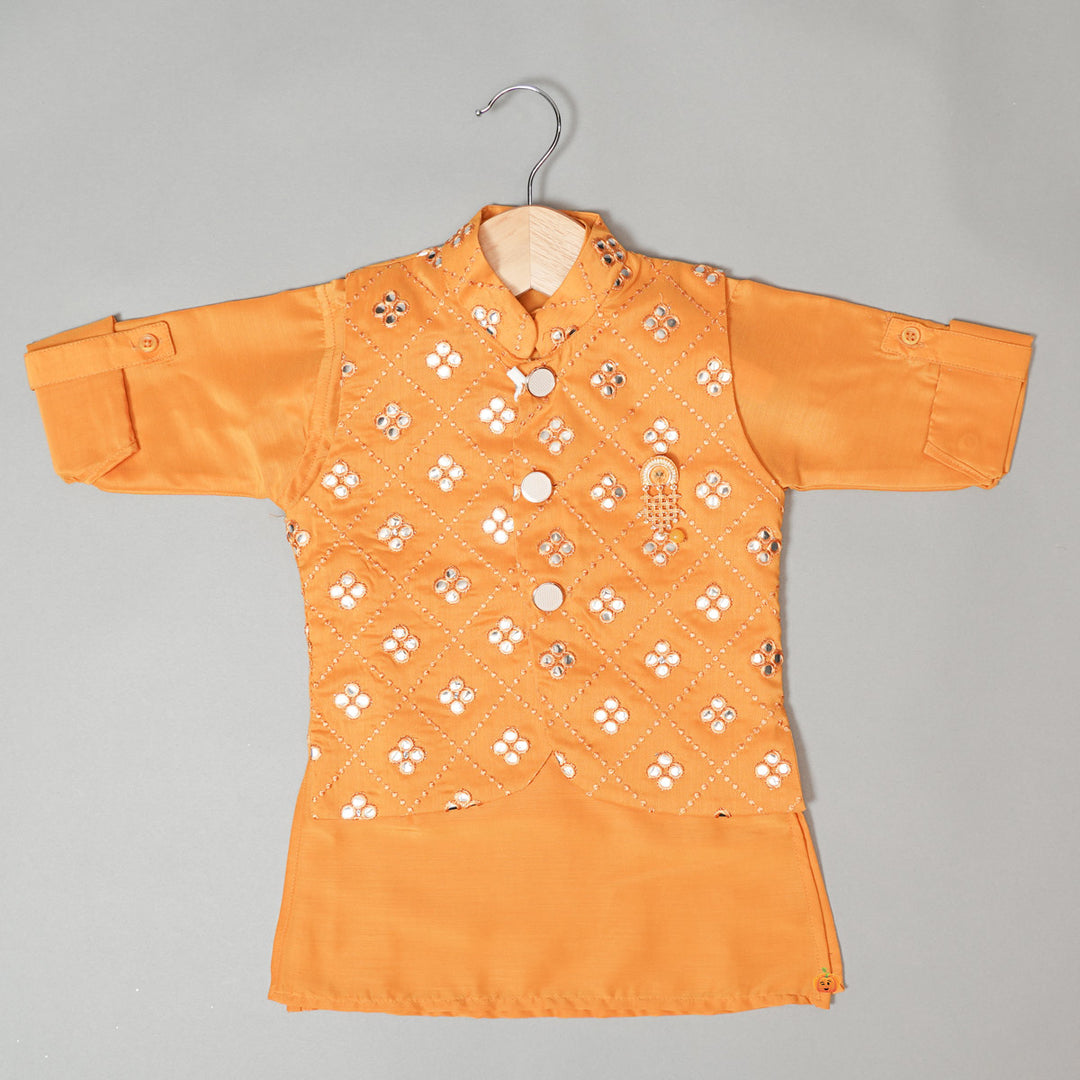 Yellow Kurta Pajama for Kids with Mirror Motifs Top View