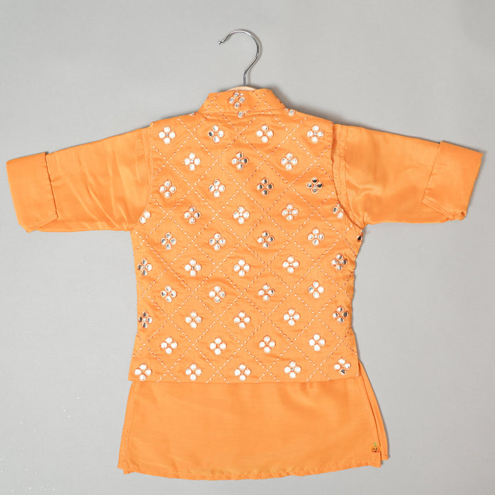 Yellow Kurta Pajama for Kids with Mirror Motifs Back View