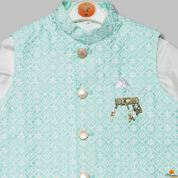 White Boys Kurta Pajama in Multi-color Jackets Close Up View
