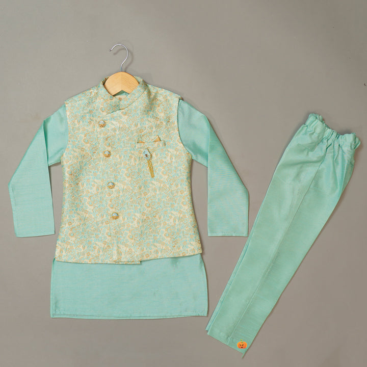 Turquoise Boys Kurta Pajama with Jacket Front View