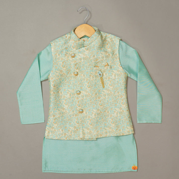 Turquoise Boys Kurta Pajama with Jacket Top View