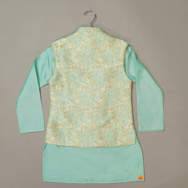 Turquoise Boys Kurta Pajama with Jacket Back View