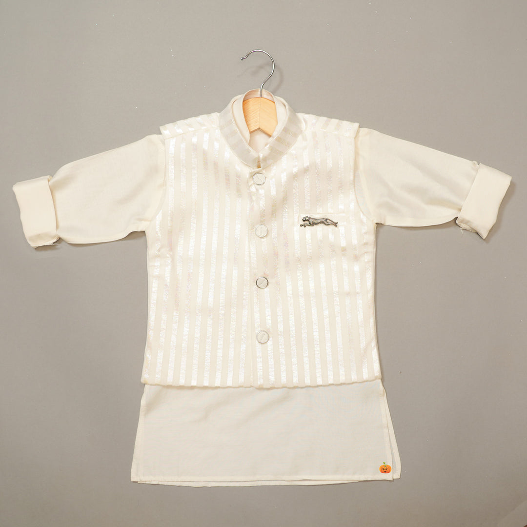 Cream Kurta Pajama for Kids with Striped Nehru Jacket Top View