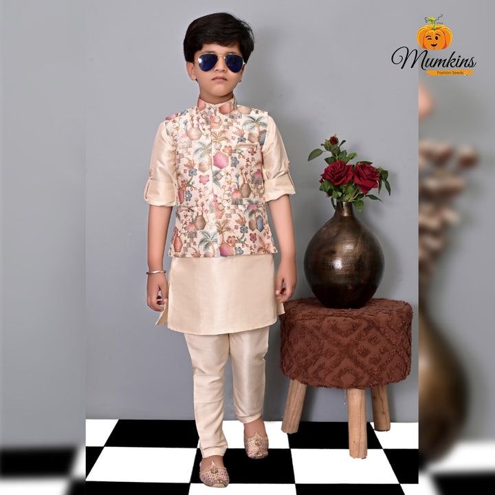 Floral Gold Boys Kurta Pajama with Nehru Jacket Cream Colour