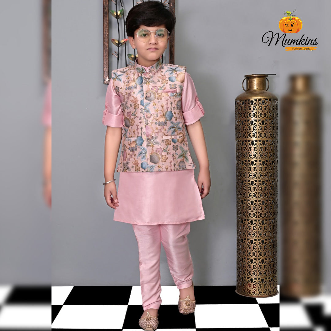 Silk Pink Boys Kurta Pajama Variant with Designer Jacket Pink Colour