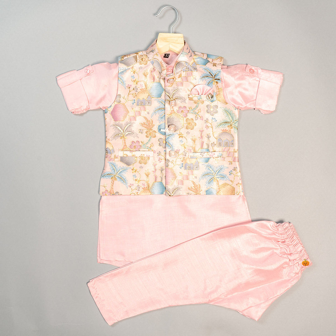 Silk Pink Boys Kurta Pajama Variant with Designer Jacket Pink Colour