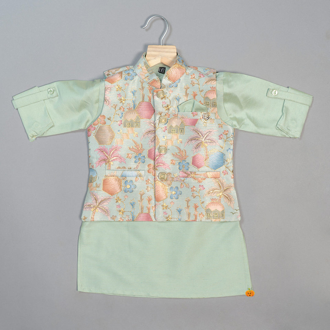 Floral Gold Boys Kurta Pajama with Nehru Jacket Top View