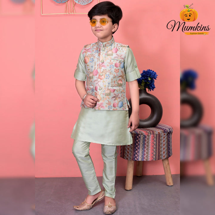 Floral Gold Boys Kurta Pajama with Nehru Jacket Front View