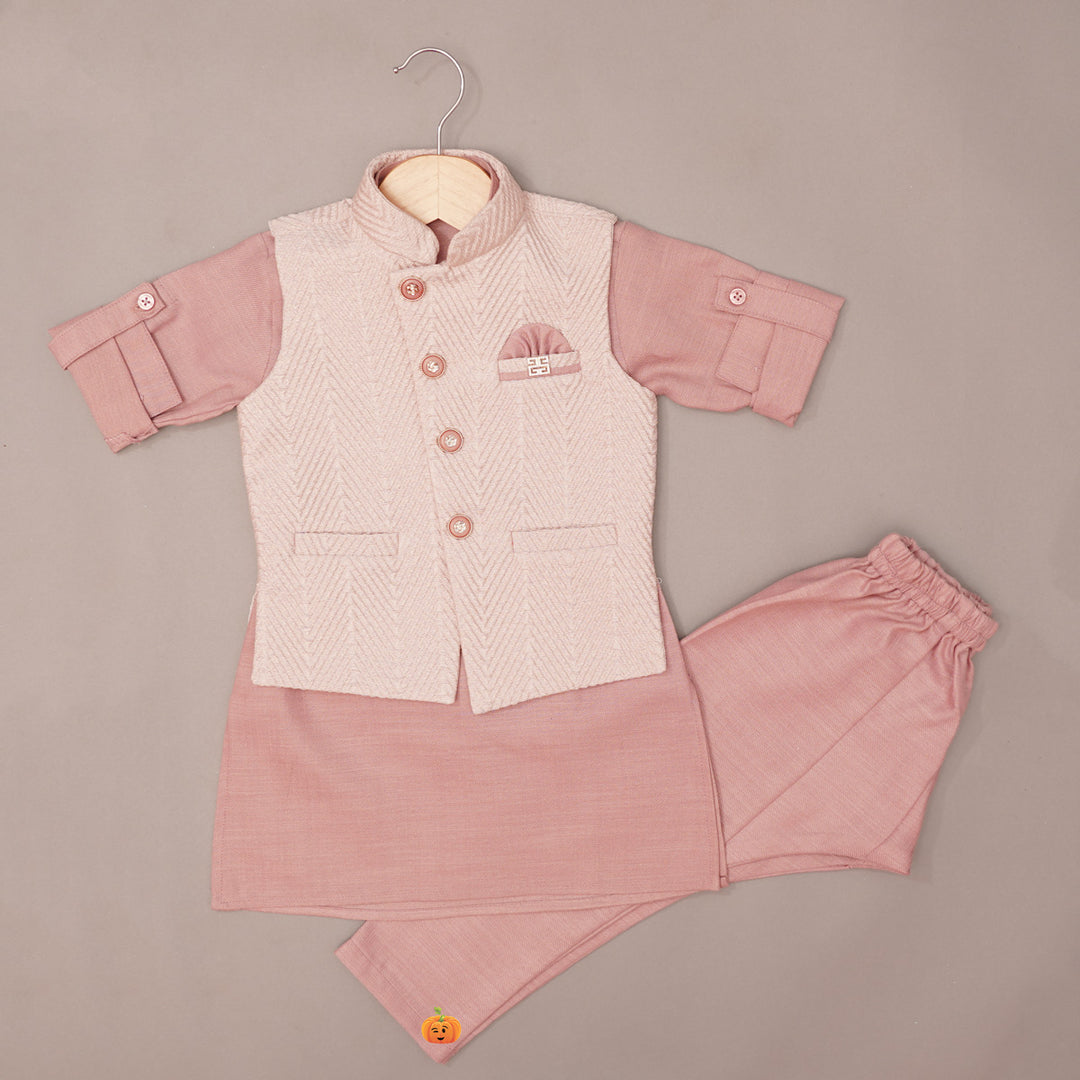 Textured Jacket Kurta Pajama for Boys in Pink Front View