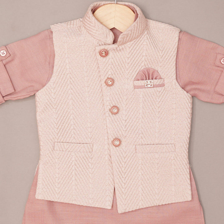 Textured Jacket Kurta Pajama for Boys in Pink Close Up View