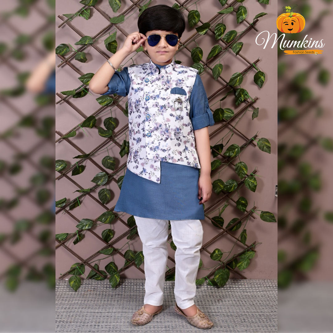 Elegant Kurta Pajama For Kids With Floral Pattern Variant  Front VIew