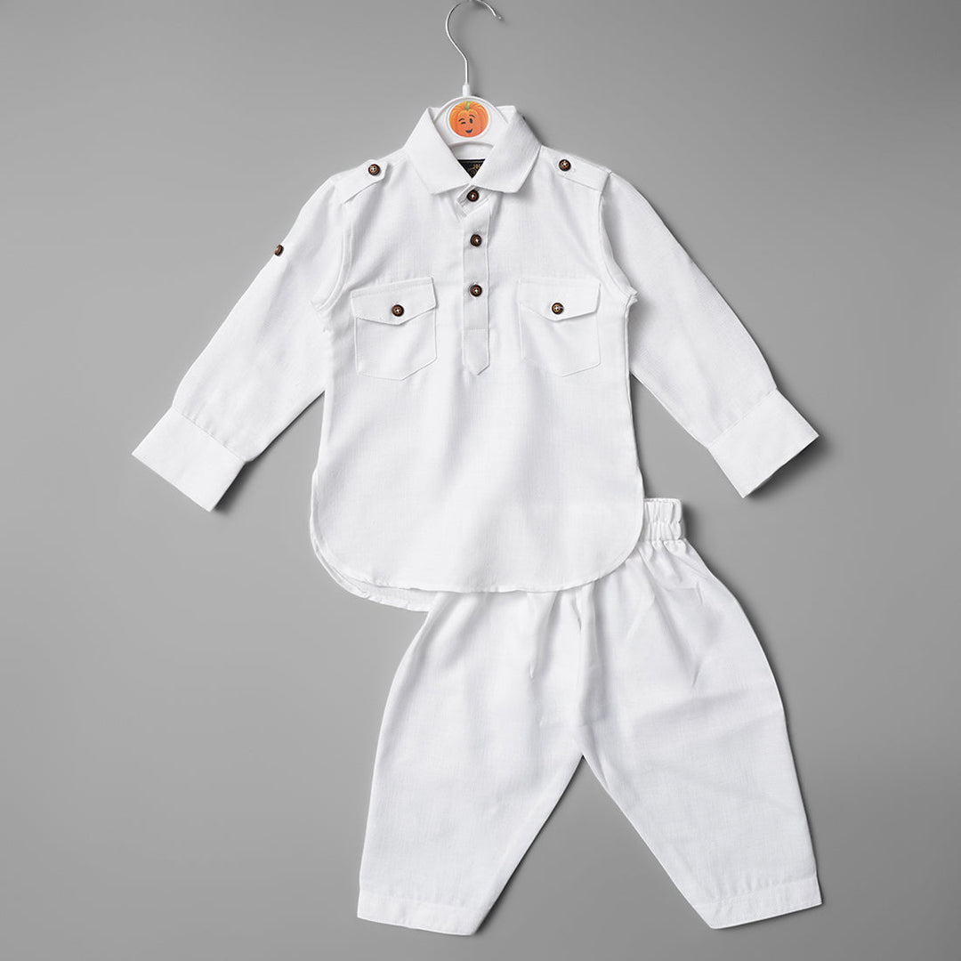 Solid Green White Boys Pathani Kurta Pajama - Main Image