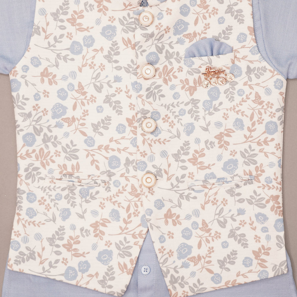 Blue Floral Boys Kurta Pajama with Nehru Jacket Close Up View
