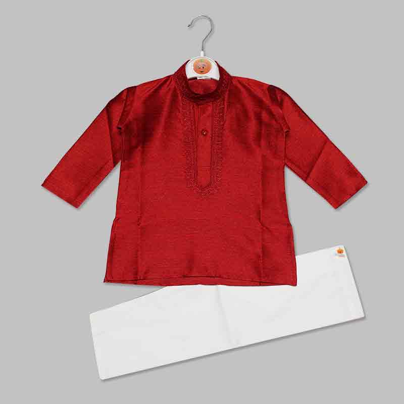 Solid Red Designer Boys Kurta Pajama Front View 