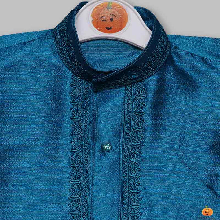 Solid Blue Designer Boys Kurta Pajama Close Up View 