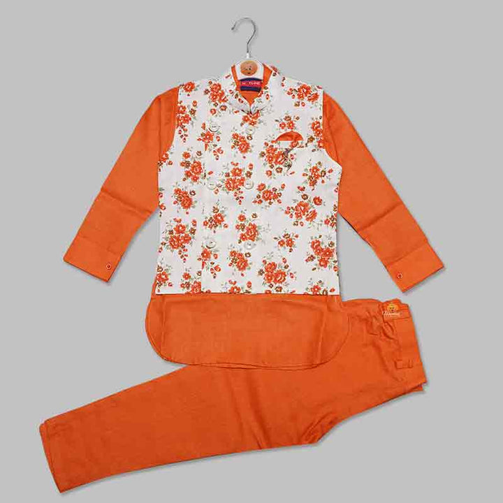 Solid Orange Boys Kurta Pajama with Jacket Front View